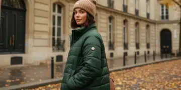 Femme portant un manteau SHEIN vert foncé élégant dans les rues de Paris en automne 2026, défiant le froid avec style.