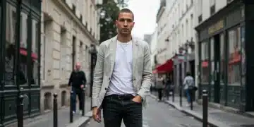 Homme français stylé en tenue décontractée chic SHEIN, marchant dans une rue parisienne animée en 2026.