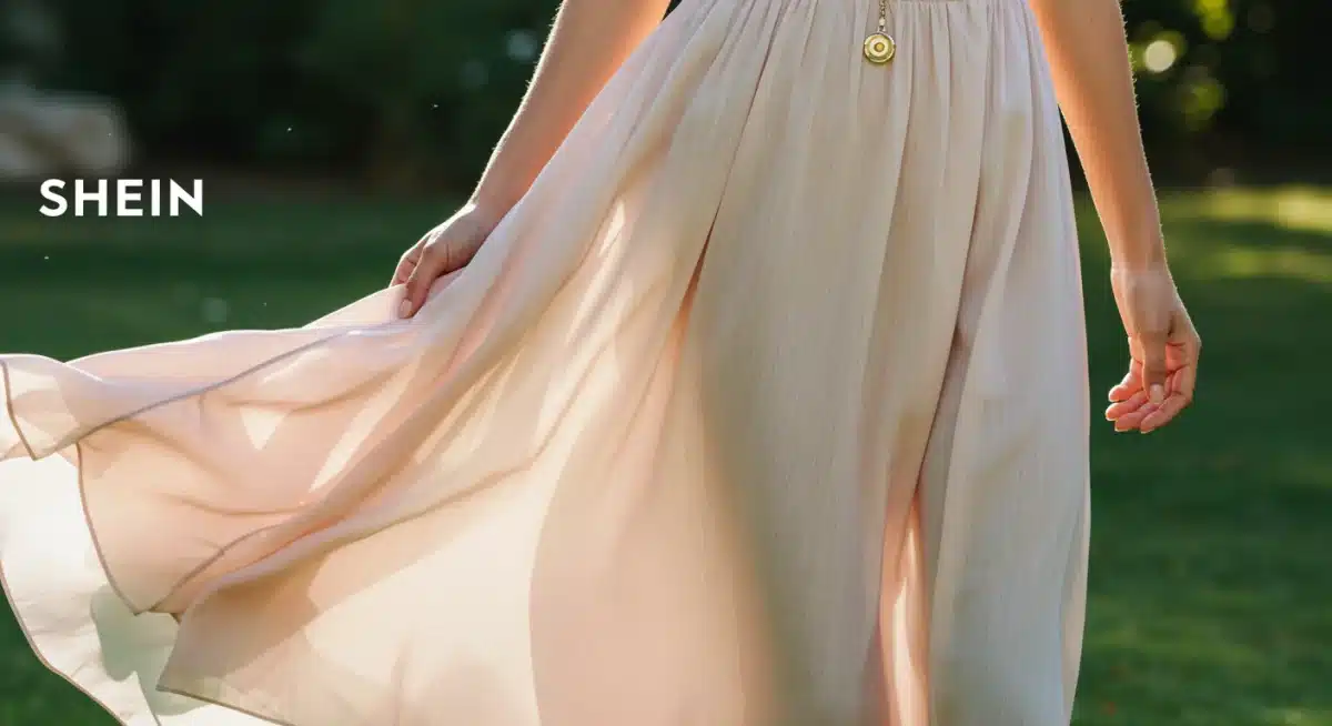 Détail d'une robe longue fluide pastel, pièce phare de la collection SHEIN Printemps-Été 2026.