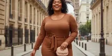 Femme souriante et confiante en tenue SHEIN Curve 2026, posant élégamment dans une rue parisienne, illustrant la mode grande taille.