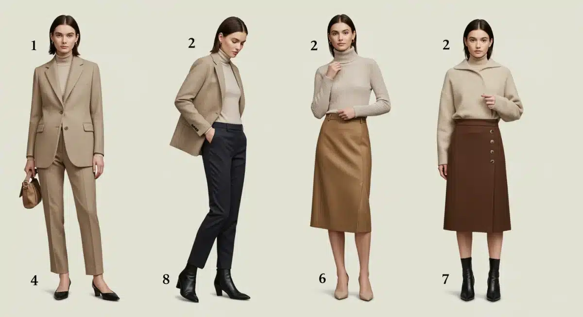 Cinq tenues professionnelles différentes pour la semaine de travail, arrangées à plat avec des accessoires assortis, illustrant la polyvalence et l'élégance pour 2026.