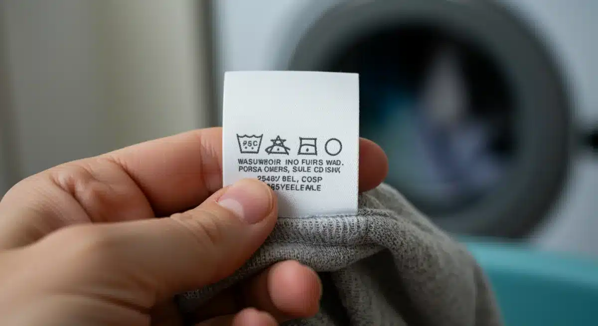 Étiquette de lavage d'un vêtement SHEIN, symbole des instructions de soin et de la durabilité potentielle.