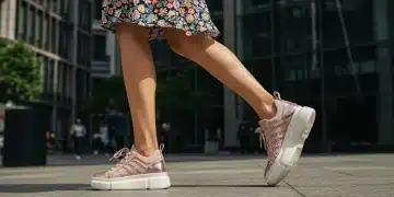 Femme marchant avec assurance dans des chaussures SHEIN élégantes et abordables, style urbain 2026.