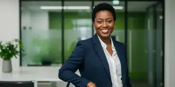 Femme professionnelle souriante dans un tailleur-pantalon bleu marine, dans un bureau moderne et lumineux, symbolisant un look du jour de travail optimisé en 2026.