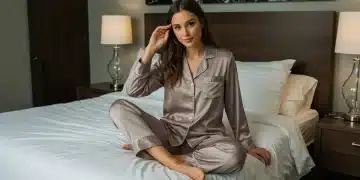 Les 5 pyjamas SHEIN les plus confortables pour 2026 : Avis et Tests Femme souriante portant un pyjama SHEIN ultra-confortable en satin sur un lit douillet en 2026, ambiance relaxante.