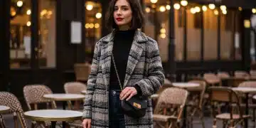 Femme élégante dans un look hivernal SHEIN 2026, associant un col roulé noir, un manteau à carreaux et un jean, dans un café parisien.