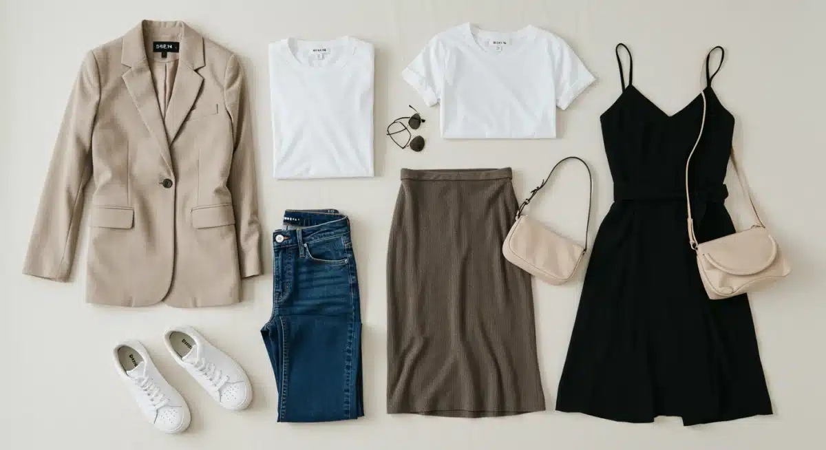 Cinq pièces SHEIN essentielles pour un dressing capsule, posées à plat avec des accessoires pour inspirer des looks variés.