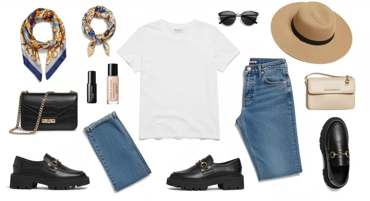 Composition d'accessoires variés pour transformer un look t-shirt jeans 2026