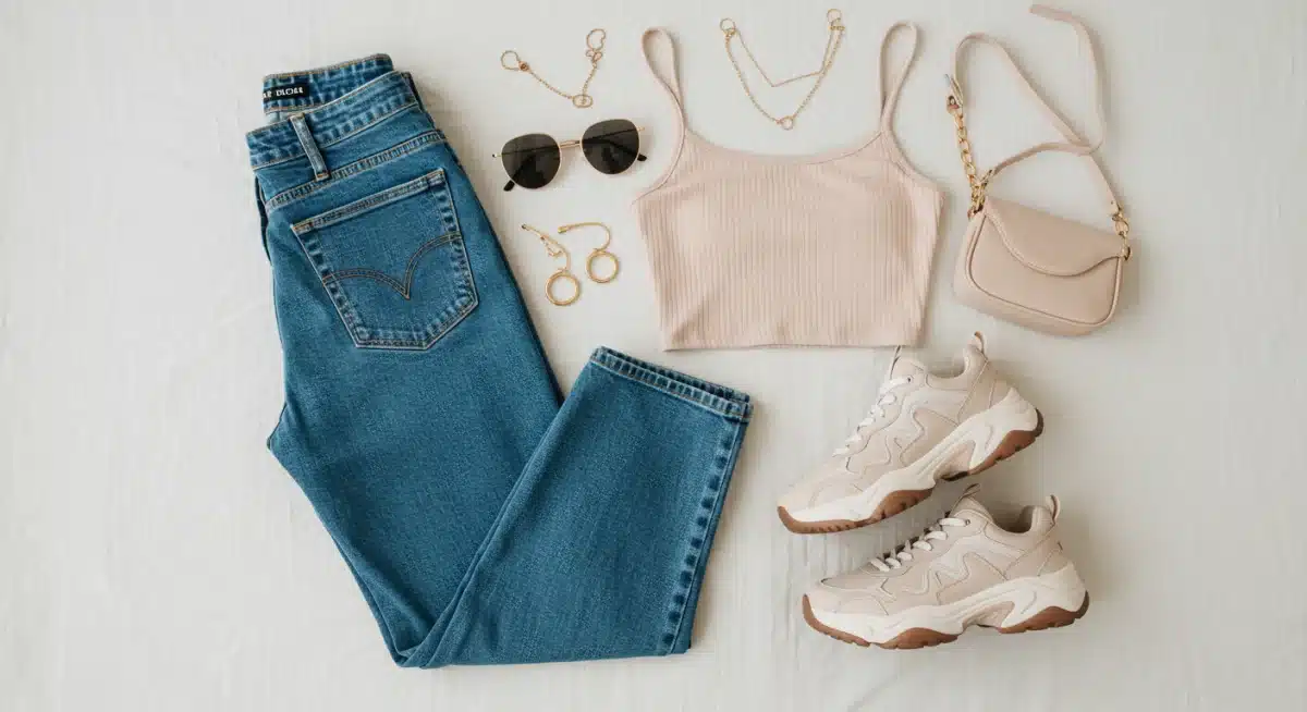 Composition mode avec un jean Shein coupe large, un crop top, des baskets et des accessoires, illustrant un style tendance.