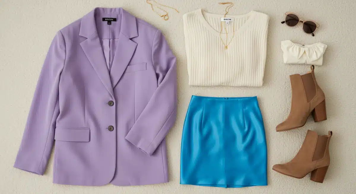 Composition à plat d'articles de mode SHEIN aux couleurs tendance 2026 : blazer lavande, jupe satinée bleue, pull crème et bottines terreuses, avec accessoires.