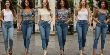 Groupe de femmes françaises aux morphologies variées portant des jeans Shein tendance 2026 dans une rue parisienne élégante.