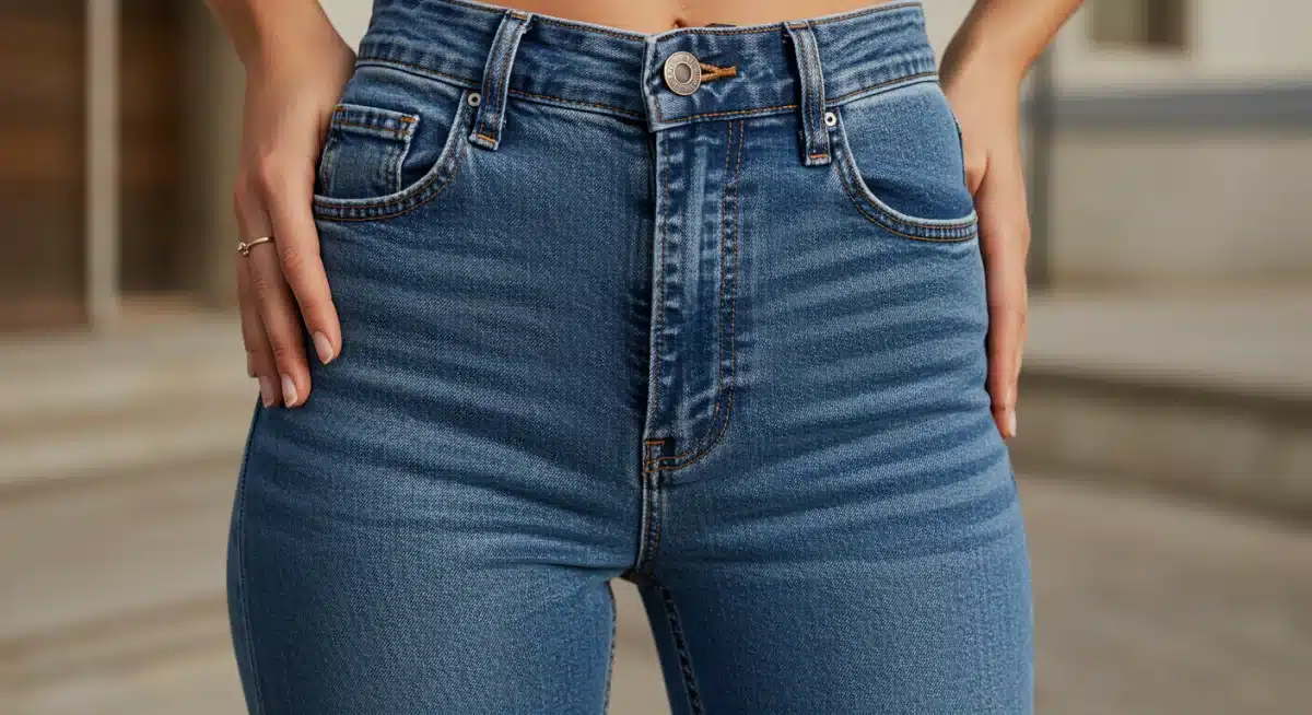 Détail d'un jean Shein skinny taille haute parfaitement ajusté sur une femme, mettant en valeur la coupe et le tissu.