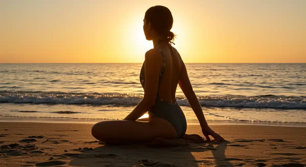 Femme portant un maillot de bain une pièce SHEIN 2026, posant sur une plage au coucher du soleil.