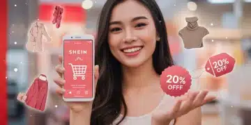 Jeune femme souriante utilisant l'application SHEIN pour des achats malins et économiques.