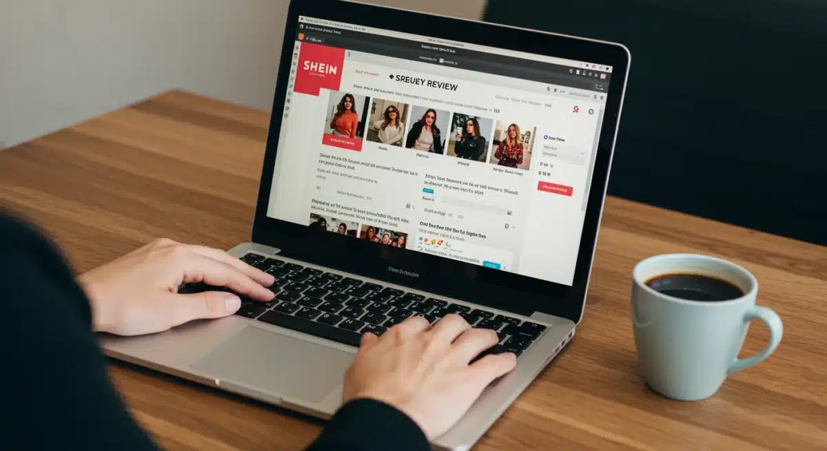 Mains tenant un ordinateur portable affichant la section des avis clients sur le site web de SHEIN, soulignant l'importance des retours produit.