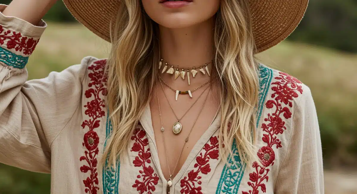 Détail d'un look bohème revisité SHEIN : blouse brodée, collier superposé, chapeau de paille.