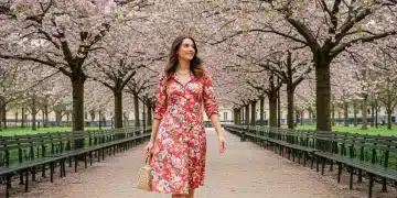 Femme élégante portant une robe fleurie SHEIN d'une collection capsule printemps 2026 en France