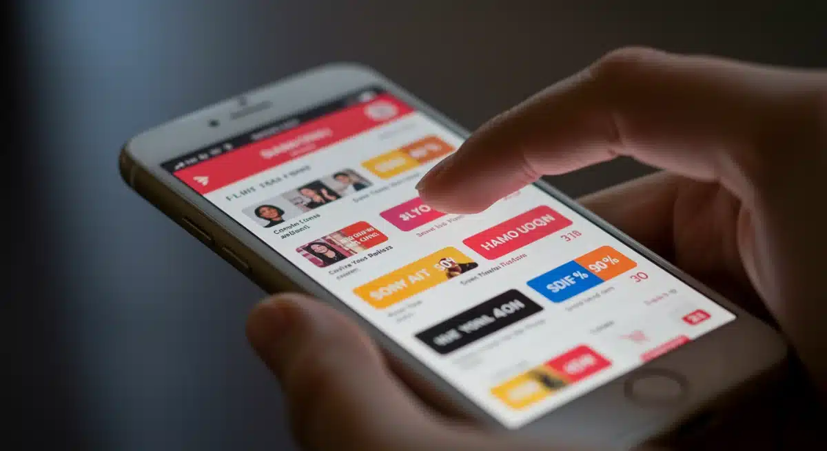 Main tapant sur l'écran d'un smartphone affichant les coupons et promotions disponibles sur l'application SHEIN.