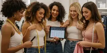 Jeunes femmes françaises essayant des vêtements SHEIN avec des mètres de couturière et un guide des tailles numérique, souriantes et satisfaites