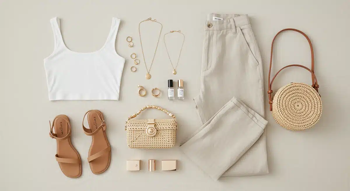 Assortiment d'articles SHEIN minimalistes chic : haut blanc, pantalon lin, bijoux dorés, sac en paille.
