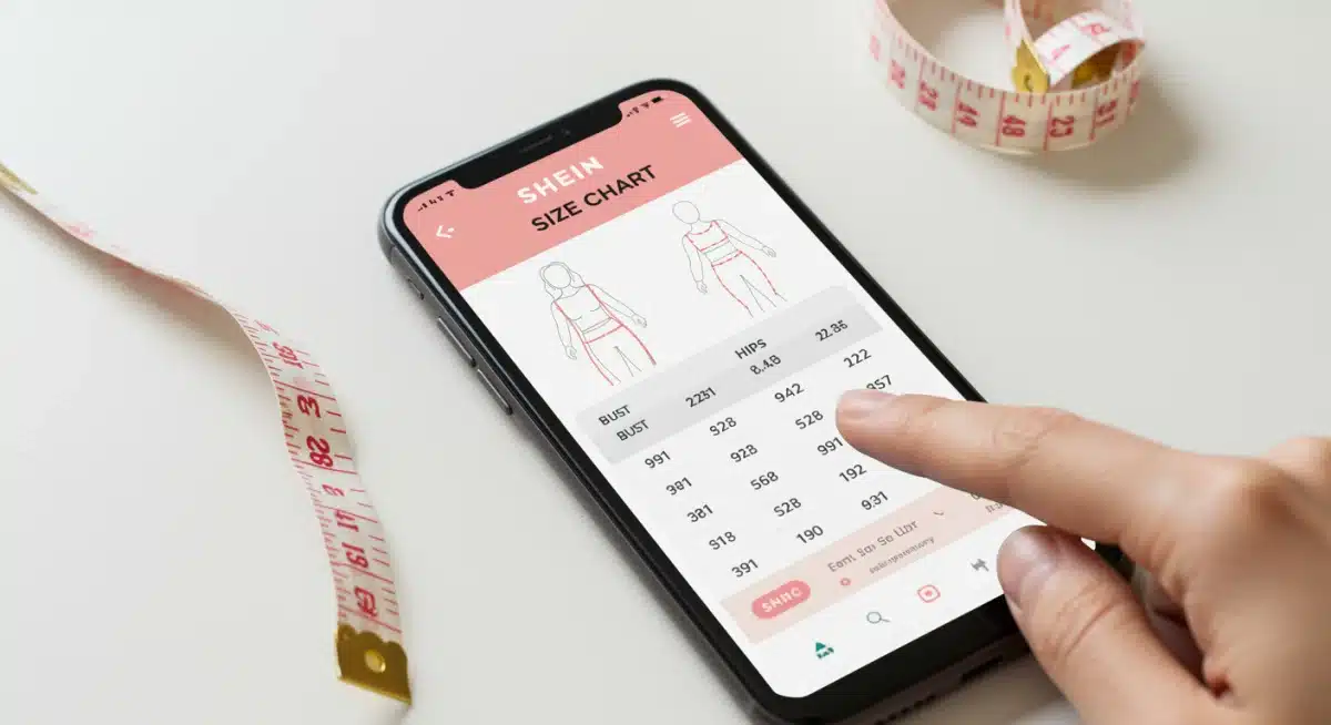 Capture d'écran de l'application SHEIN affichant un tableau des tailles détaillé avec un mètre de couturière à côté