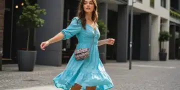 Couleurs tendance SHEIN 2026: 4 idées de tenues pour votre style Jeune femme stylée portant une tenue SHEIN aux couleurs tendance 2026 dans un cadre urbain moderne, mettant en valeur des teintes de bleu électrique, lavande douce et tons terreux.
