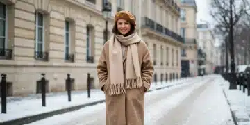 Femme élégante en manteau de laine et écharpe en cachemire dans une rue parisienne enneigée, incarnant les looks hiver 2026.