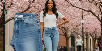 Femme stylée portant un jean flare SHEIN bleu clair, collection printemps 2026, dans un cadre urbain printanier.