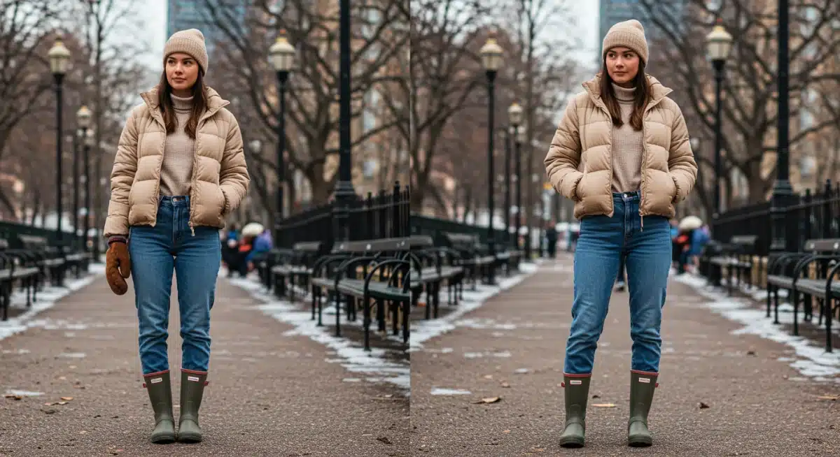 Look décontracté avec doudoune et bottes imperméables, parfait pour les looks hiver 2026 et les journées froides.