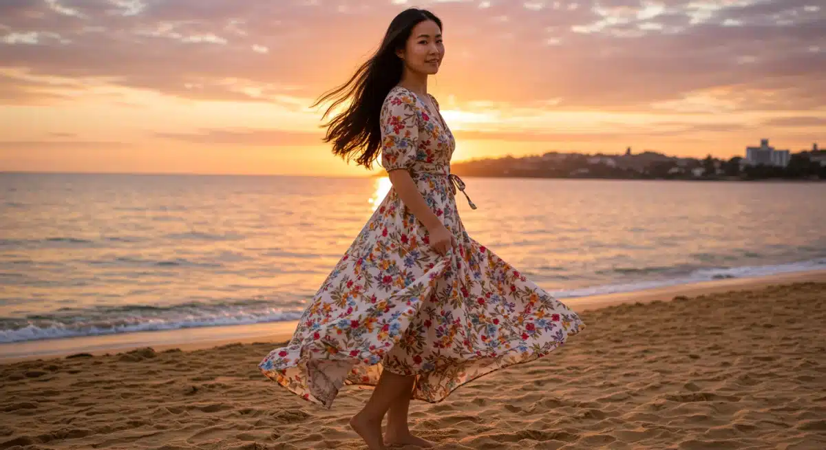 Modèle portant une robe longue fleurie SHEIN, virevoltant sur une plage au coucher du soleil, soulignant le confort.