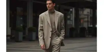 Jeune homme stylé portant un blazer oversize et un pantalon ajusté Shein dans un environnement urbain.