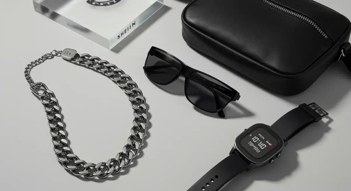 Accessoires masculins Shein : collier, sac bandoulière, lunettes de soleil futuristes et montre numérique.