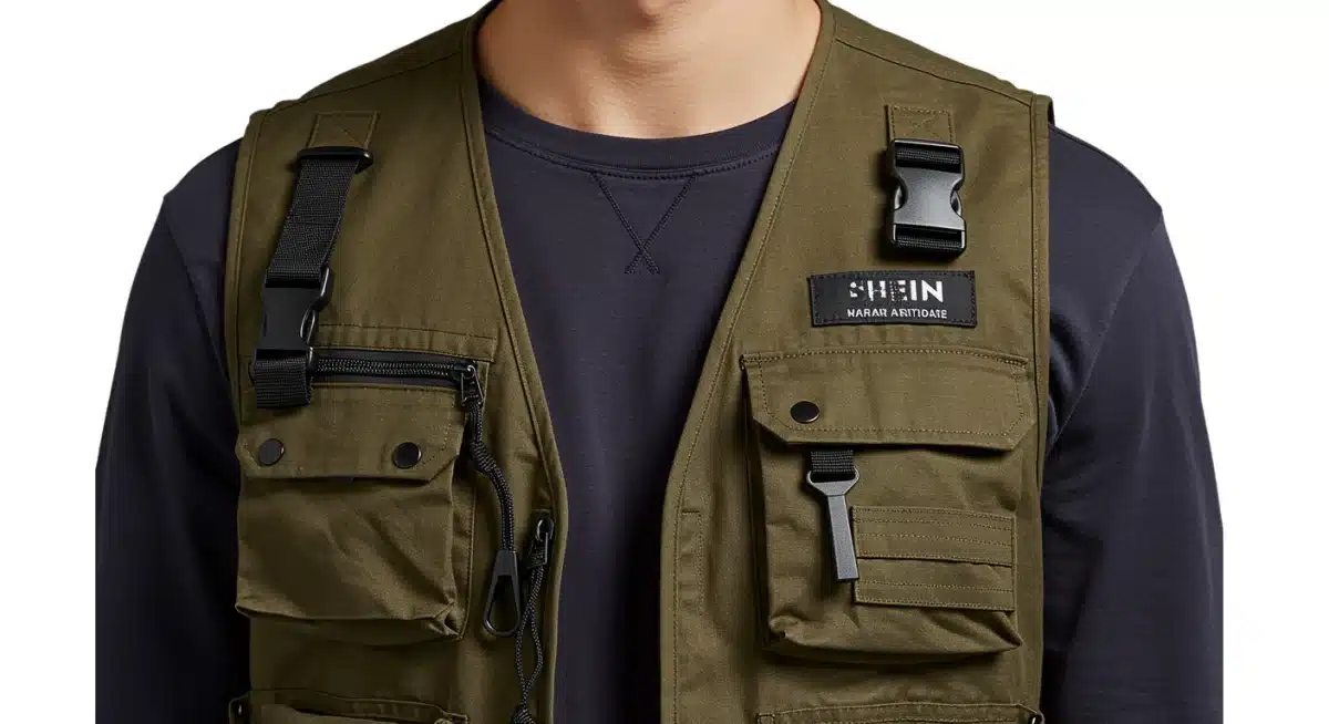 Gros plan d'un homme portant un gilet utilitaire Shein avec des poches et des sangles réglables.