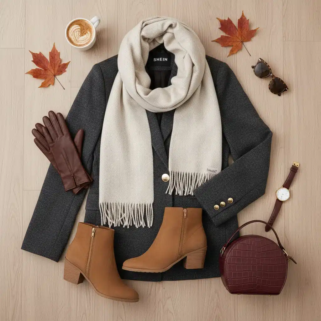Accessoires de mode automne SHEIN en flat lay : écharpe cachemire, gants en cuir, bottines en daim, blazer en laine.