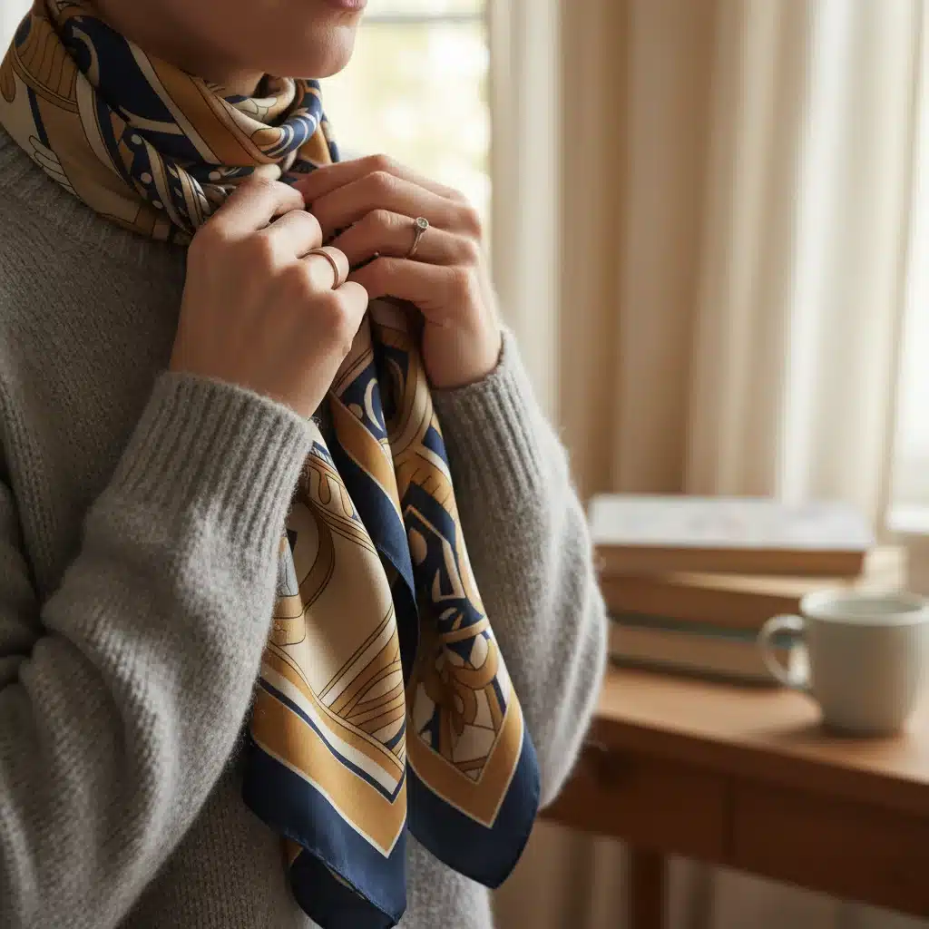 Mains ajustant un foulard en soie sur un pull en cachemire, illustrant l'importance des accessoires chics pour un look décontracté.