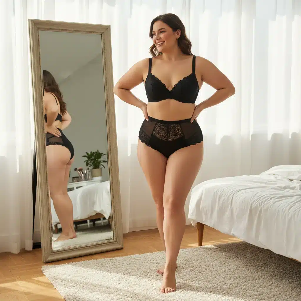 Femme aux courbes essayant un ensemble de lingerie SHEIN, illustrant un ajustement parfait et flatteur.
