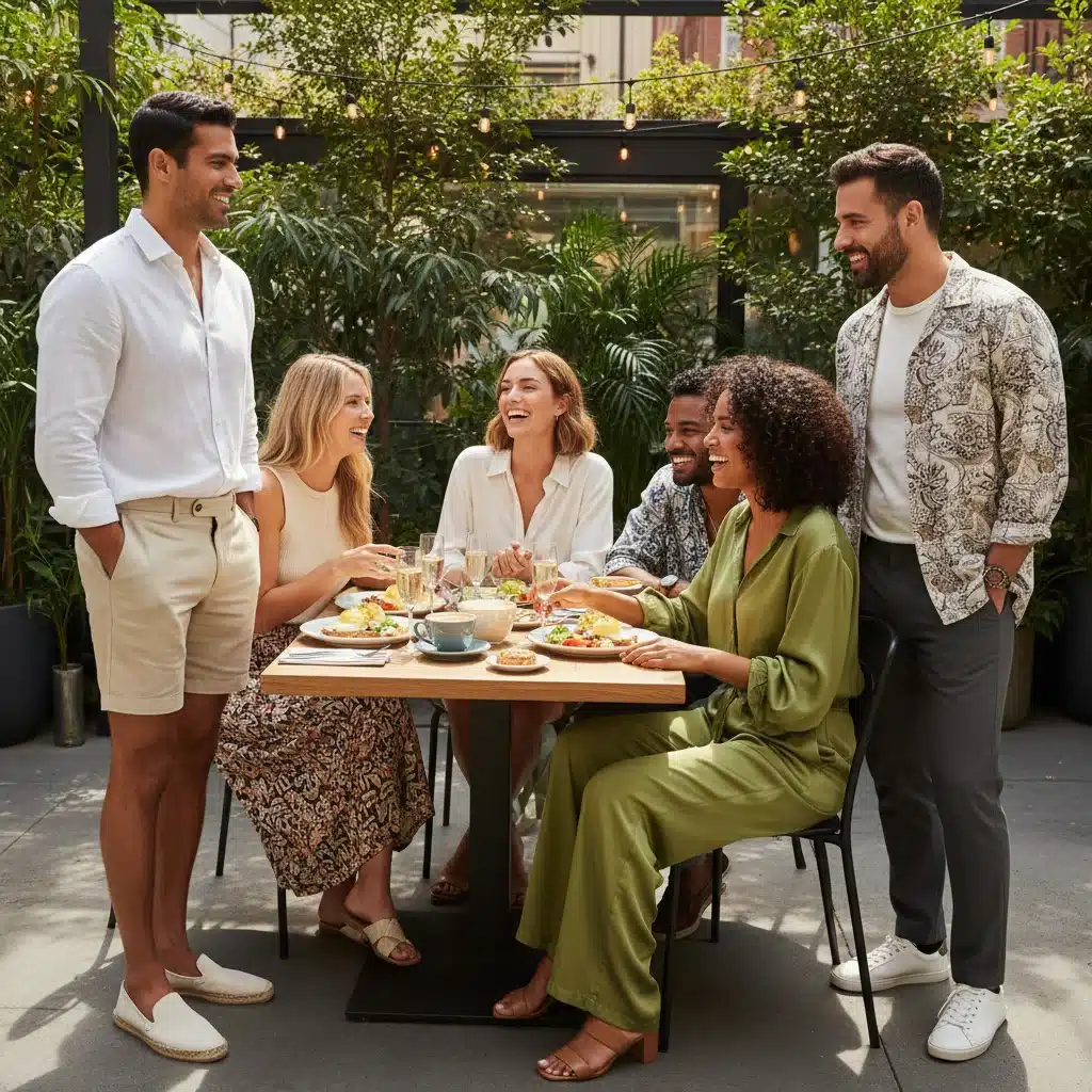 Groupe d'amis en tenues décontractées-chics profitant d'un brunch en extérieur, illustrant la polyvalence du style.