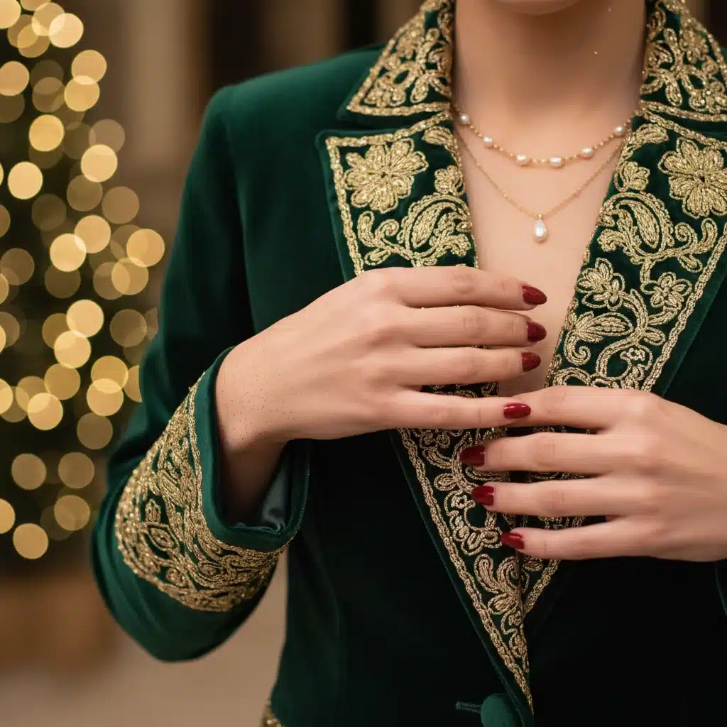 Détail d'une femme ajustant un blazer en velours brodé avec un collier doré, ambiance festive.