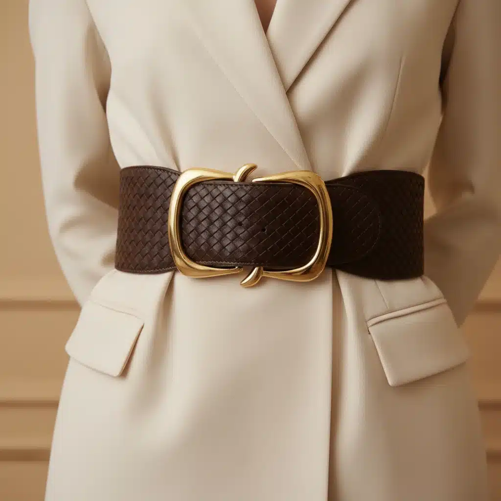 Ceinture large structurée soulignant la taille d'une robe, créant une silhouette en sablier.