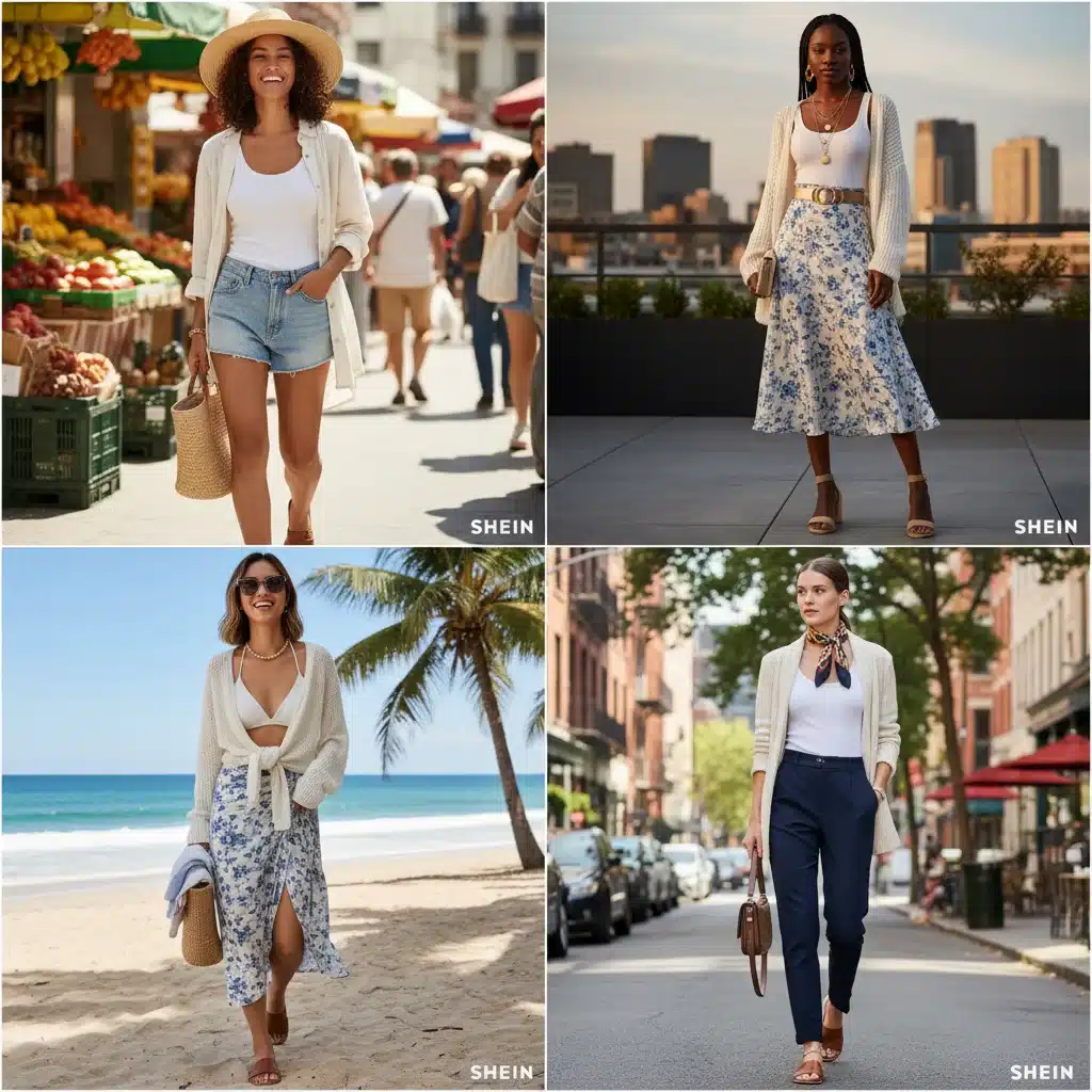Collage de quatre tenues estivales variées créées à partir des mêmes 5 pièces SHEIN. Chaque tenue montre la polyvalence des vêtements pour différentes occasions, du jour à la soirée, sur la plage ou en ville. Les modèles sont souriants et confiants.