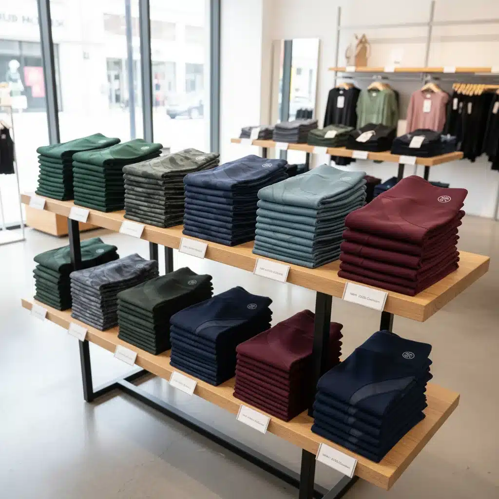 Assortiment de leggings de sport SHEIN collection Hiver 2026, pliés et empilés, présentant diverses couleurs et motifs dans un environnement de magasin moderne.