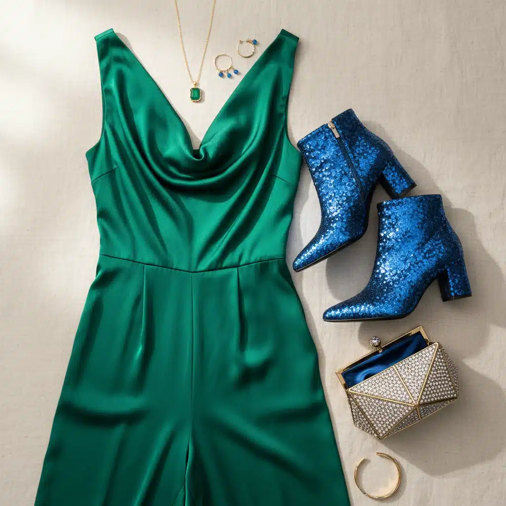 Combinaison élégante couleur bijou, bottines scintillantes, pochette et bijoux disposés à plat.