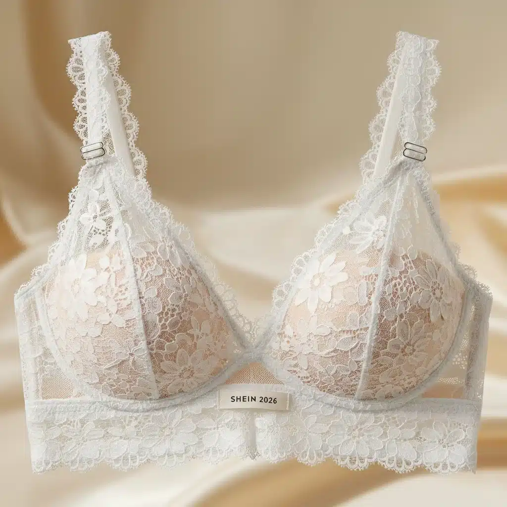 Détail d'une bralette en dentelle SHEIN, soulignant la finesse du tissu et la qualité des coutures.