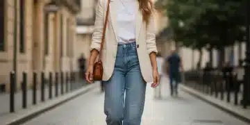 Femme élégante portant un look décontracté-chic : blazer, t-shirt blanc, jean et sneakers, pour un week-end stylé.