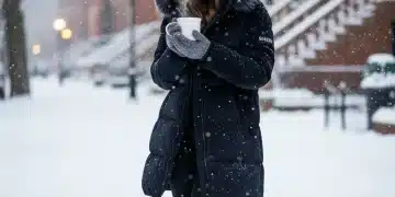 Jeune femme souriante portant un manteau d'hiver SHEIN épais et stylé dans un paysage enneigé urbain, avec un capuchon bordé de fausse fourrure.