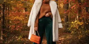 Femme élégante portant des vêtements SHEIN aux matières d'automne 2026 : fausse fourrure, maille, velours, dans un décor automnal.