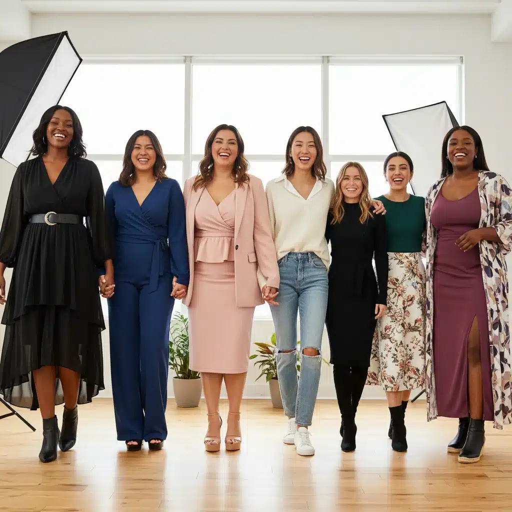Groupe de femmes diverses en tenues SHEIN, illustrant des techniques de style amincissantes variées.