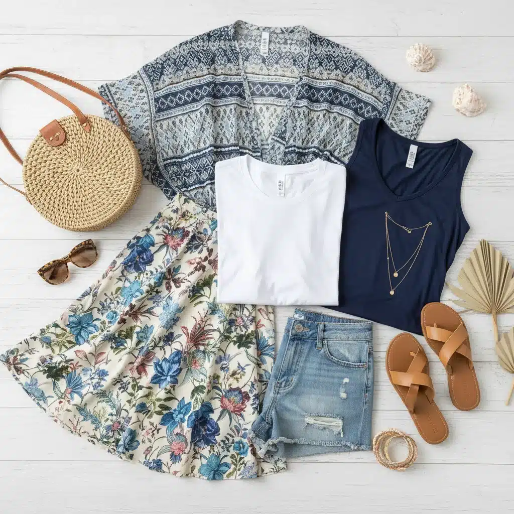 Cinq pièces SHEIN polyvalentes pour une garde-robe capsule estivale : t-shirt blanc, jupe midi fleurie, short en jean, débardeur bleu marine et kimono léger. Idéal pour créer de multiples tenues.