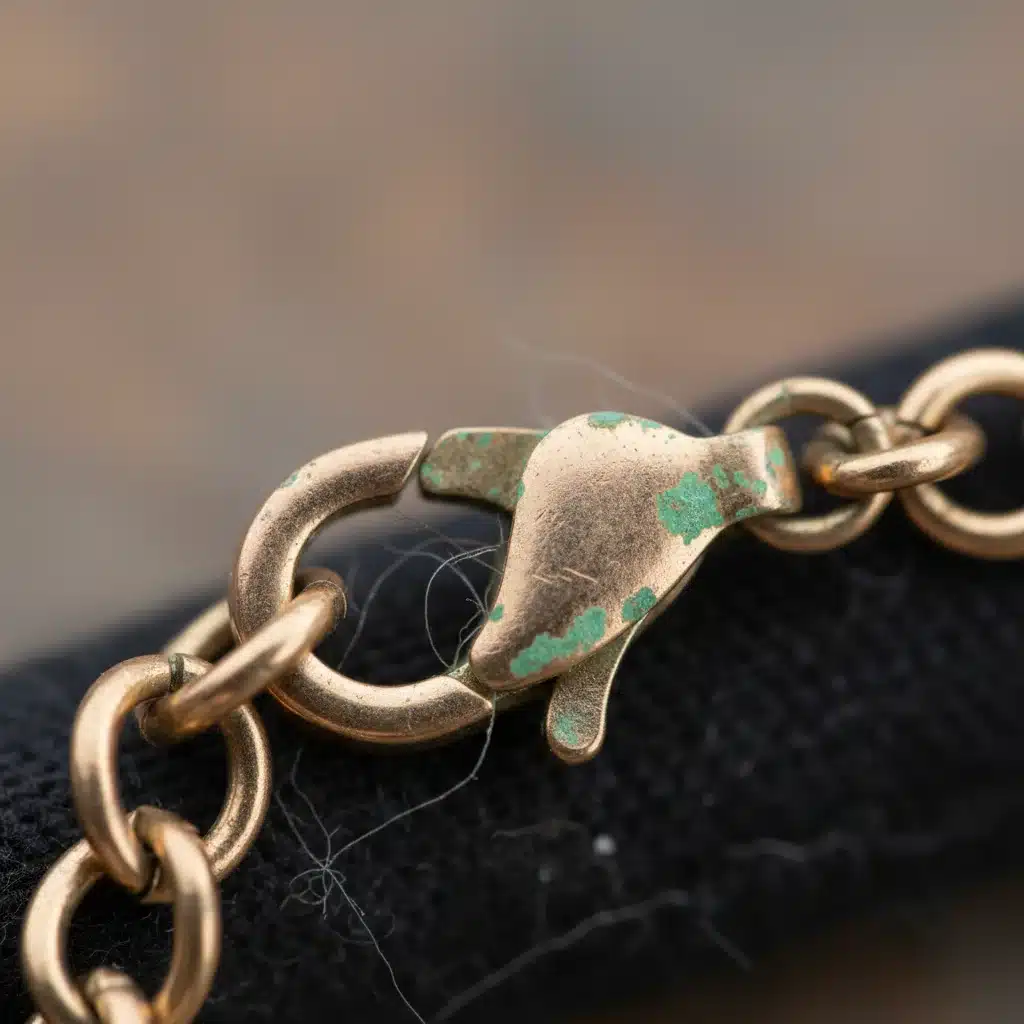 Gros plan sur le fermoir d'un collier SHEIN, montrant des signes d'oxydation et de décoloration après un usage prolongé.