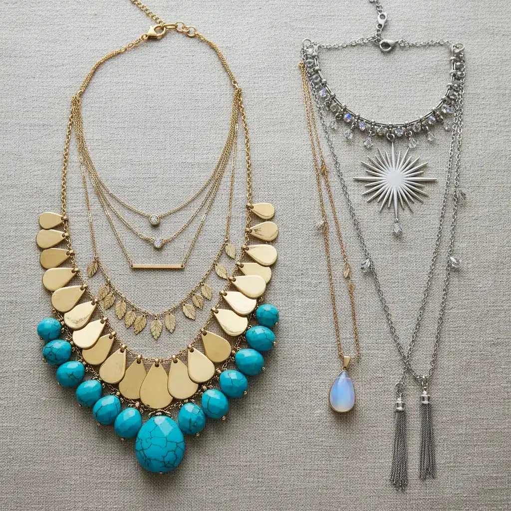 Assortiment de colliers variés, des ras-de-cou aux longs colliers, pour sublimer le décolleté.